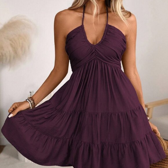 Maroon Women's Bohemian Shirred Bust and Tiered Skirt Mini Dress Beach - Picture 1 of 7